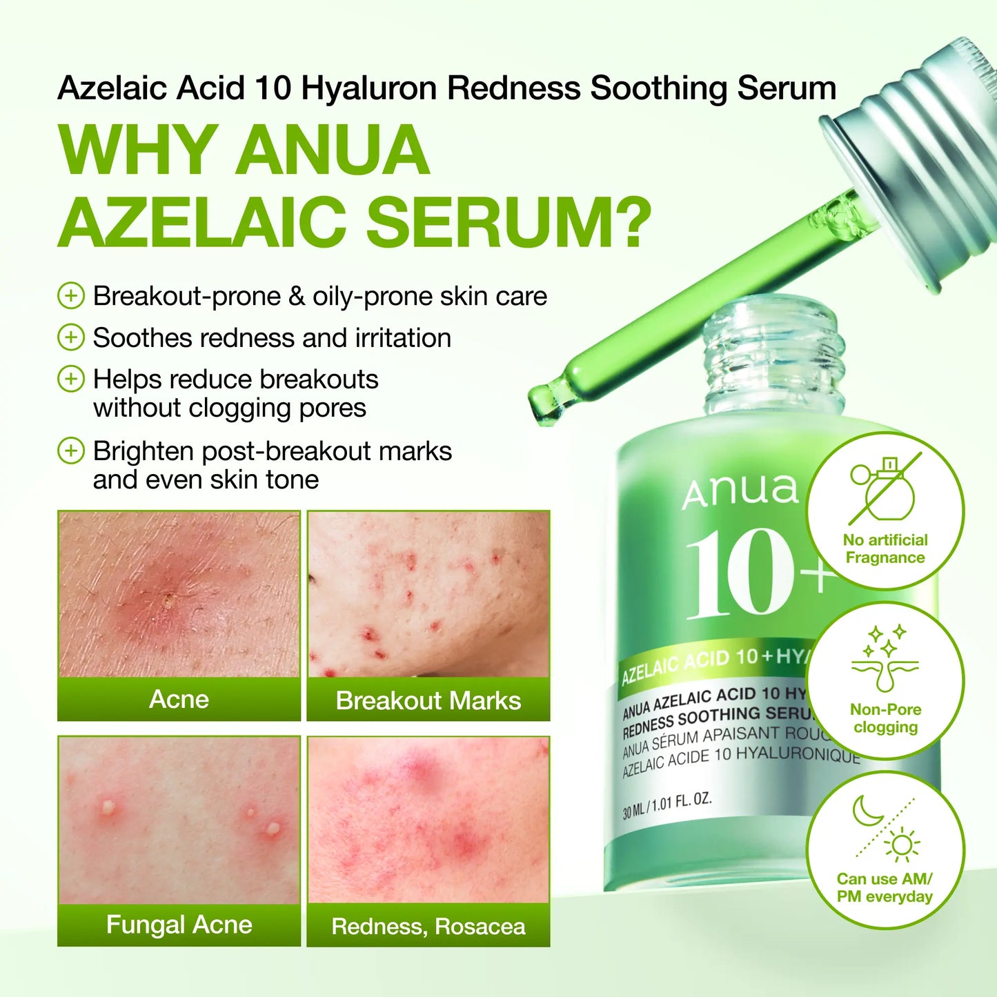 [Anua] Azelaic Acid 10 Hyaluron Redness Soothing Serum 1.01 Fl.Oz.(30Ml)｜Azelaicacid, Hyaluronic Acid, Non-Poreclogging, Korean Skincare, Soothing, Redness, Sensitive Skin, Acne-Prone