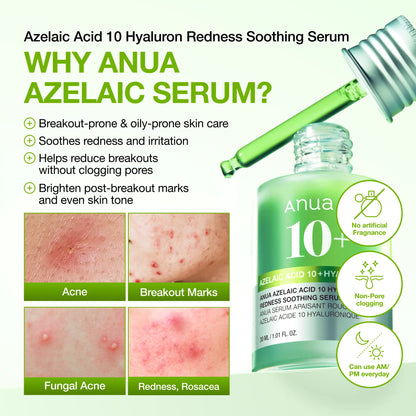 [Anua] Azelaic Acid 10 Hyaluron Redness Soothing Serum 1.01 Fl.Oz.(30Ml)｜Azelaicacid, Hyaluronic Acid, Non-Poreclogging, Korean Skincare, Soothing, Redness, Sensitive Skin, Acne-Prone